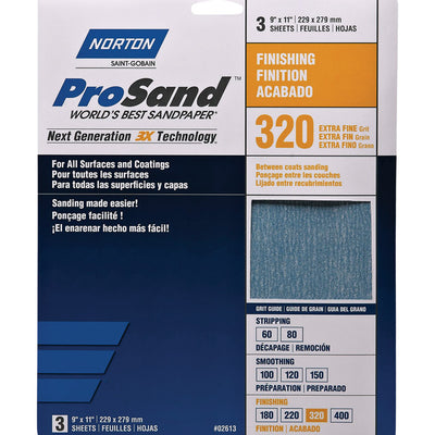 Norton ProSand 11 in. L X 9 in. W 320 Grit Aluminum Oxide Sandpaper 3 pk