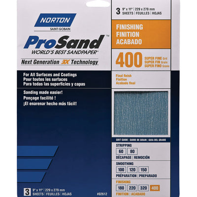 Norton ProSand 11 in. L X 9 in. W 400 Grit Aluminum Oxide Sandpaper 3 pk