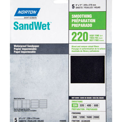 Norton SandWet 11 in. L X 9 in. W 220 Grit Aluminum Oxide Waterproof Sandpaper 5 pk