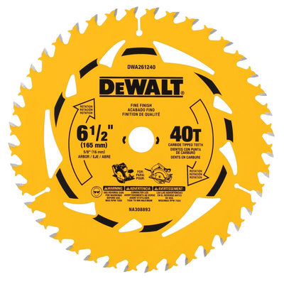 DeWalt 6-1/2 in. D X 5/8 in. Tungsten Carbide Tipped Circular Saw Blade 40 teeth