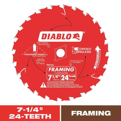 Diablo Tracking Point 7-1/4 in. D X 5/8 in. TiCo Hi-Density Carbide Framing Blade 24 teeth