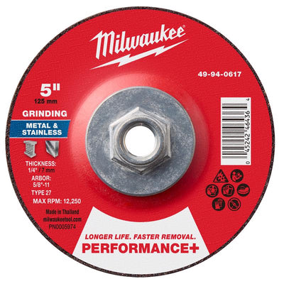 Milwaukee 5 in. D X 5/8-11 in. X 1/4 in. thick Metal Grinding Wheel