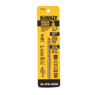 DeWalt 3/16 in. X 3 in. L Carbide Tipped Percussion Drill Bit 3-Flat Shank