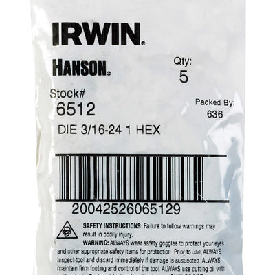 Irwin Hanson High Carbon Steel SAE Hexagon Die 3/16 in.