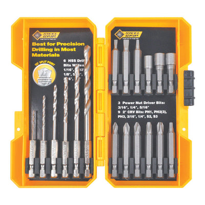Steel Grip High Speed Steel Drill and Driver Bit Set Hex Shank 18 pc