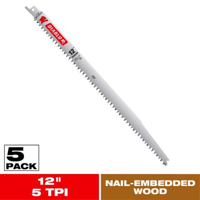 Diablo 12 in. Bi-Metal Fleam Grind Reciprocating Saw Blade 5 TPI 5 pk