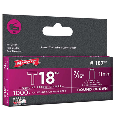 Arrow T18 3/16 in. W X 7/16 in. L 18 Ga. Round Crown Wire Staples 1000 pk