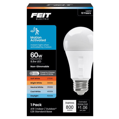 Feit A19 E26 (Medium) LED Motion Activated Bulb Adjustable White 60 Watt Equivalence