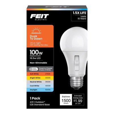 Feit A19 E26 (Medium) LED Dusk to Dawn Bulb Adjustable White 100 Watt Equivalence
