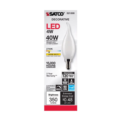 Satco CA10 (Flame Tip) E12 (Candelabra) Filament LED Bulb Warm White 40 Watt Equivalence