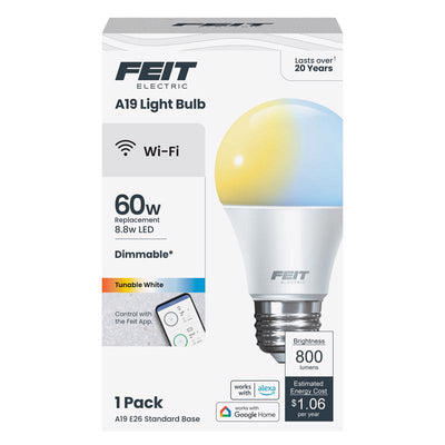 Feit A19 E26 (Medium) Smart-Enabled LED Bulb Adjustable White 60 Watt Equivalence