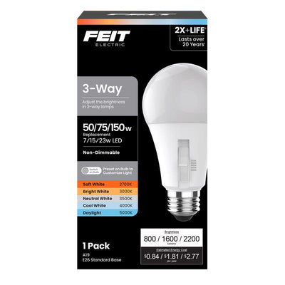 Feit A19 E26 (Medium) LED Bulb Adjustable White 50/75/150 Watt Equivalence
