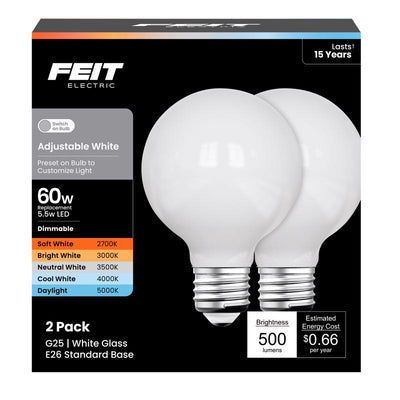 Feit G25 E26 (Medium) LED Bulb Adjustable White 60 Watt Equivalence