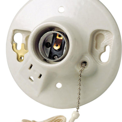 Leviton Porcelain Incandescent Medium Base Pull Chain Socket w/Outlet