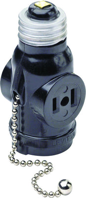 Leviton Plastic Medium Base Lampholder w/Outlet & Pull Chain