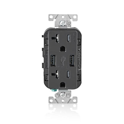 Leviton Decora 20 amps 125 V Black Outlet and USB Charger 5-20R