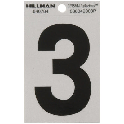 HILLMAN 3 in. Reflective Black Vinyl Self-Adhesive Number 3