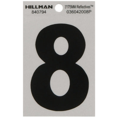 HILLMAN 3 in. Reflective Black Vinyl Self-Adhesive Number 8