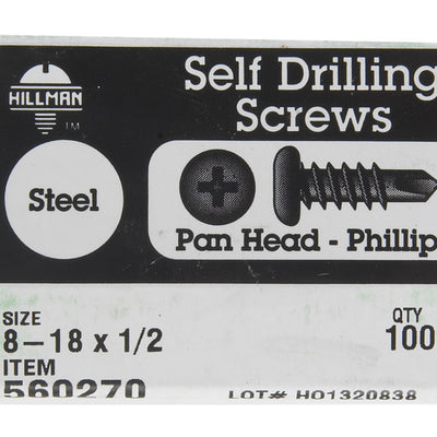 HILLMAN No. 8 Ga. X 1/2 in. L Phillips Pan Head Self-Drilling Screws 100 pk