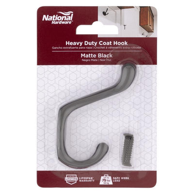 National Hardware Medium Matte Black Metal 4.59 in. L Heavy Duty Coat/Hat Hook 75 lb