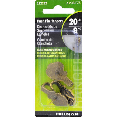 HILLMAN Antique Brass Gold Push Pin Picture Hook 20 lb