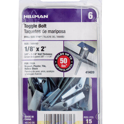 HILLMAN 1/8 in. D X 2 in. L Round Zinc-Plated Steel Toggle Bolt 15 pk