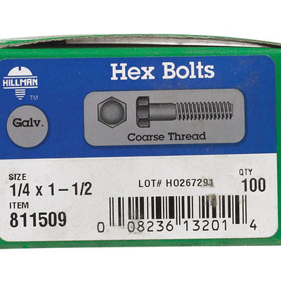 HILLMAN 1/4 in. D X 1-1/2 in. L Hot Dipped Galvanized Steel Hex Bolt 100 pk
