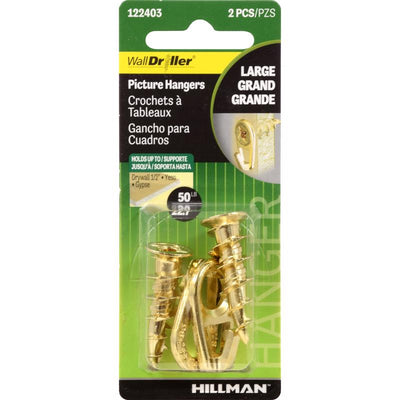 HILLMAN Brass-Plated Gold Self-Drilling Picture Hanger 50 lb 2 pk