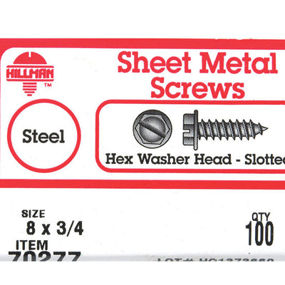 HILLMAN No. 8 Ga. X 3/4 in. L Slotted Hex Washer Head Sheet Metal Screws 100 pk