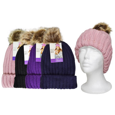 Diamond Visions Heat Max Fur Pom-Pom Thermal Hat Acrylic