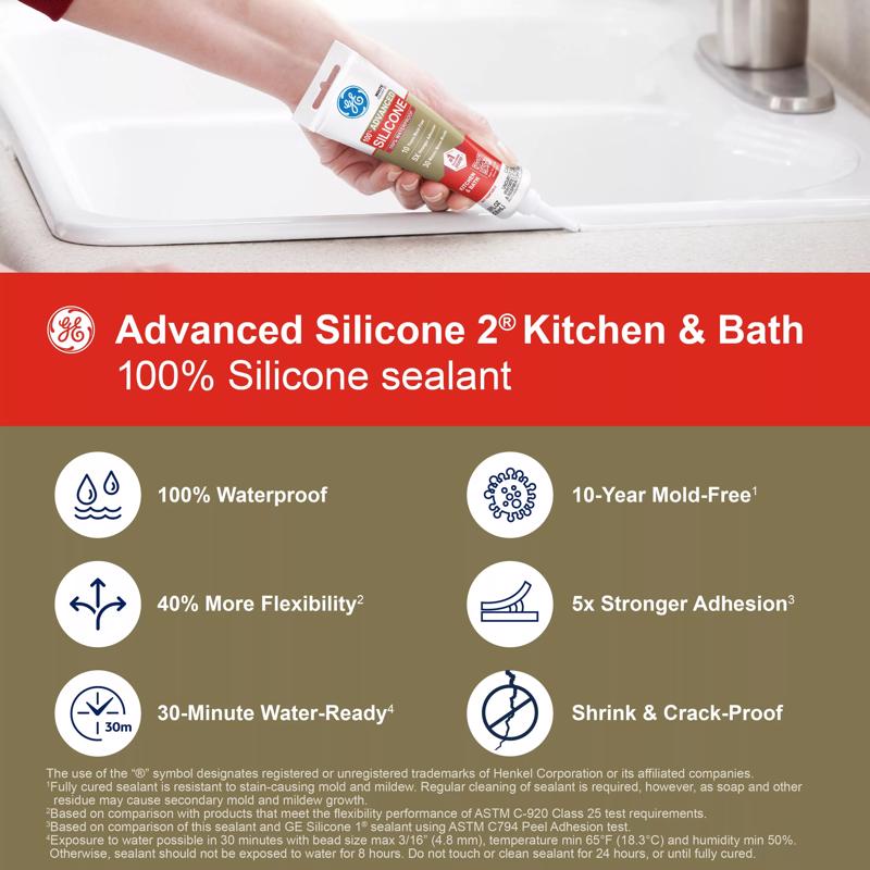 GE Advanced Silicone White Silicone 2 Kitchen and Bath Caulk Sealant 2.8 oz
