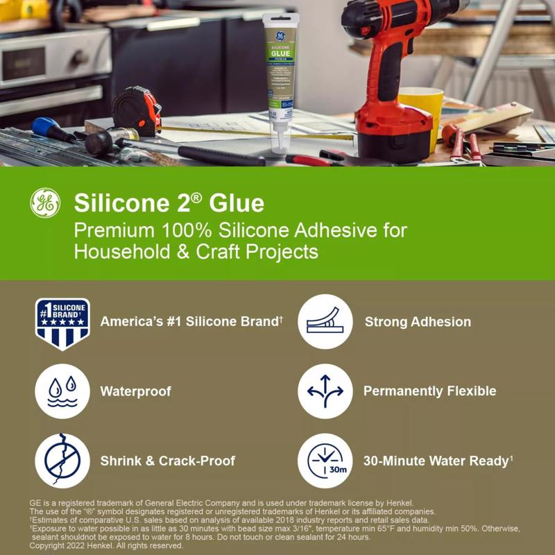 GE Silicone 2 Medium Strength Silicone Clear Glue 2.8 oz