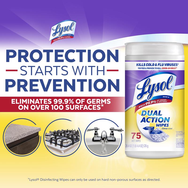 Lysol Dual Action Fiber Weave Antibacterial Wipes 75 pk