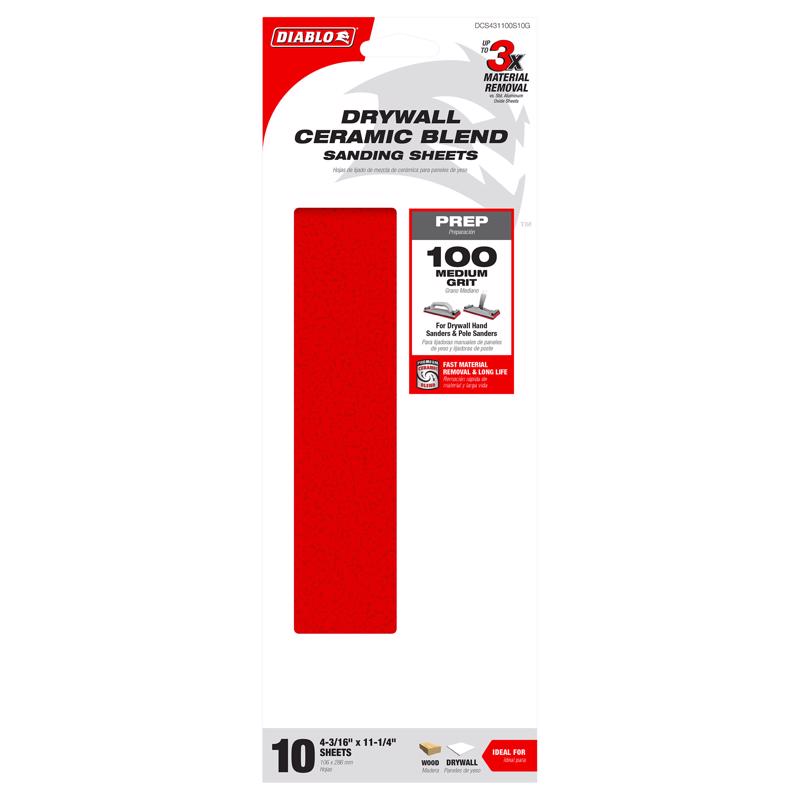 Diablo 11-1/4 in. L X 4-3/16  W 100 Grit Ceramic Blend Drywall Sanding Sheet 10 pk