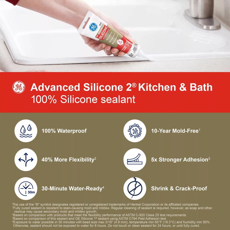 GE Advanced Clear Silicone 2 Kitchen and Bath Caulk Sealant 2.8 oz