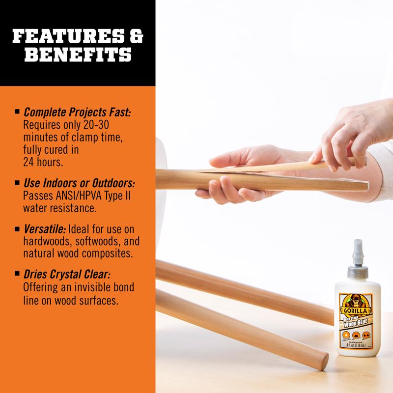 Gorilla High Strength Clear Wood Glue 4 oz