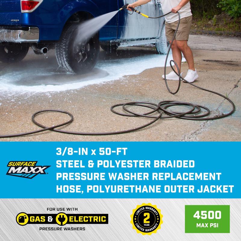 SurfaceMaxx 3/8 in. D X 50 ft. L Steel and Polyester Braided Pressure Washer Hose 4500 psi