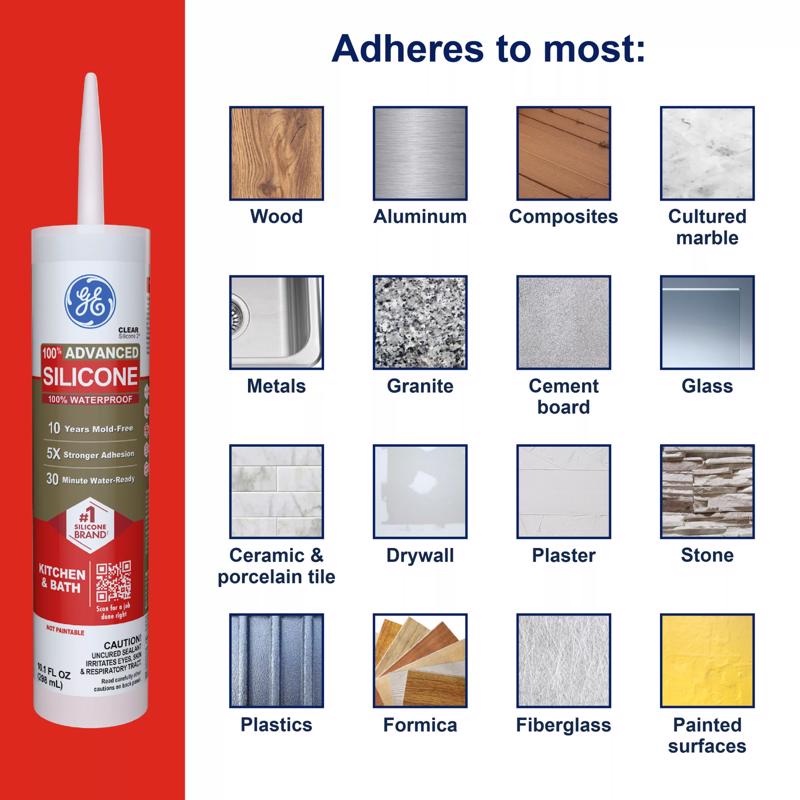 GE Advanced White Silicone 2 Kitchen and Bath Caulk Sealant 10.1 oz