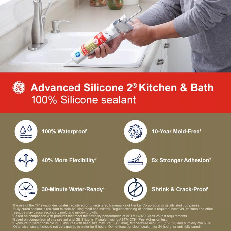 GE Advanced White Silicone 2 Kitchen and Bath Caulk Sealant 10.1 oz