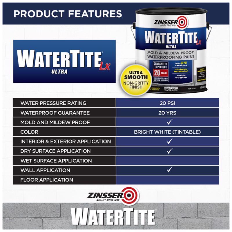 Zinsser WaterTite Bright White Smooth Water-Based Acrylic Copolymer Waterproofing Paint 1 qt