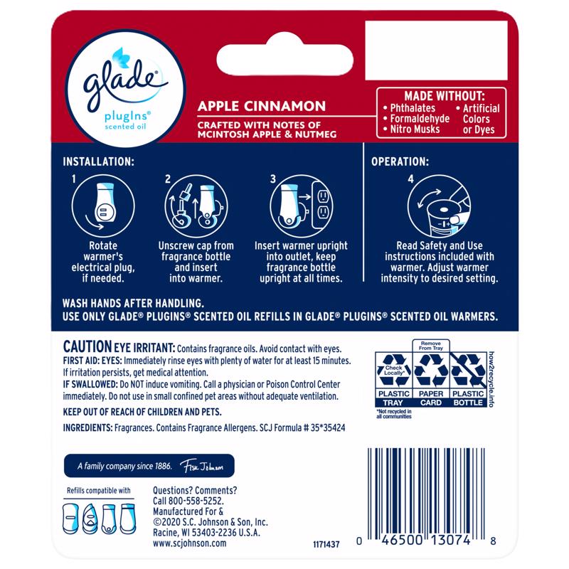 Glade Plug-Ins Apple Cinnamon Scent Air Freshener Oil Refill 1.34 oz Liquid 2 pk