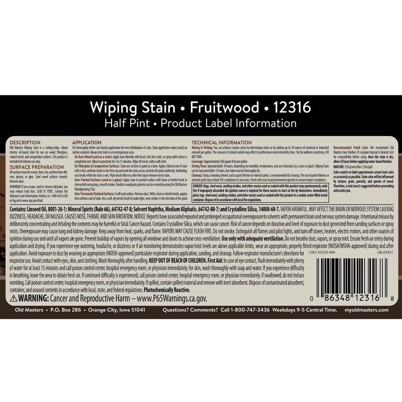 Old Masters Semi-Transparent Fruitwood Oil-Based Wiping Stain 1/2 pt