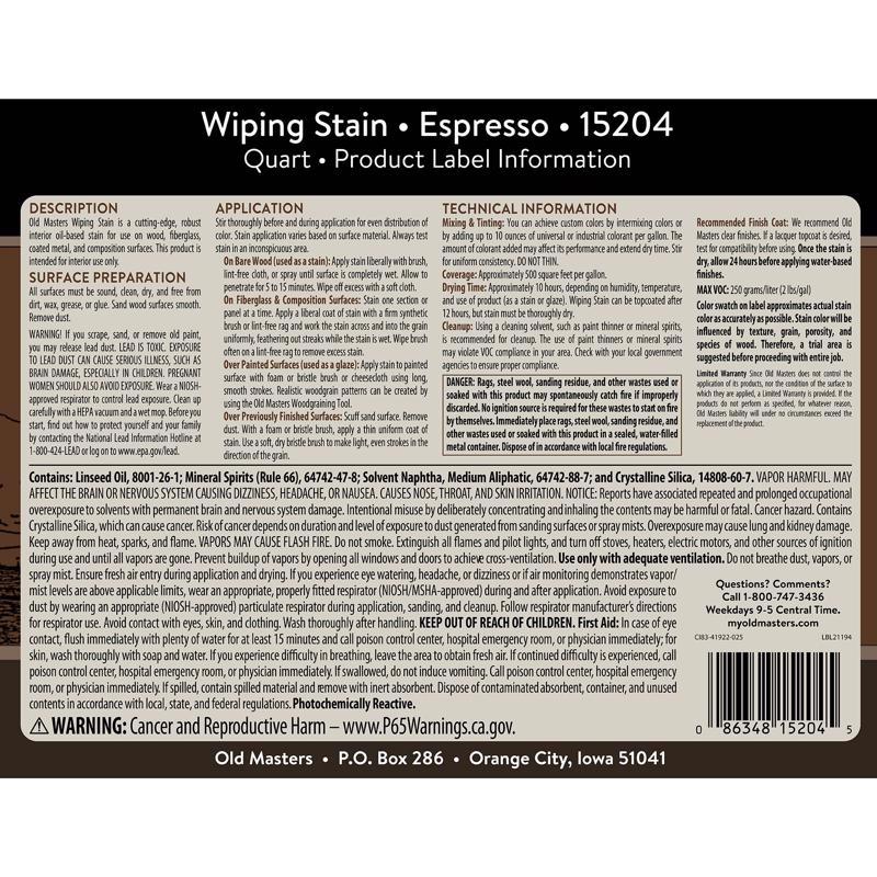 Old Masters Semi-Transparent Espresso Oil-Based Wiping Stain 1 qt