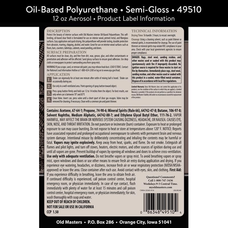 Old Masters Semi-Gloss Clear Oil-Based Polyurethane Spray 12 oz