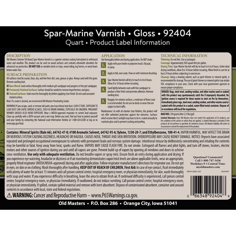 Old Masters Gloss Clear Oil-Based Marine Spar Varnish 1 qt