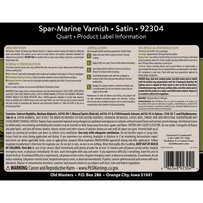 Old Masters Satin Clear Oil-Based Marine Spar Varnish 1 qt