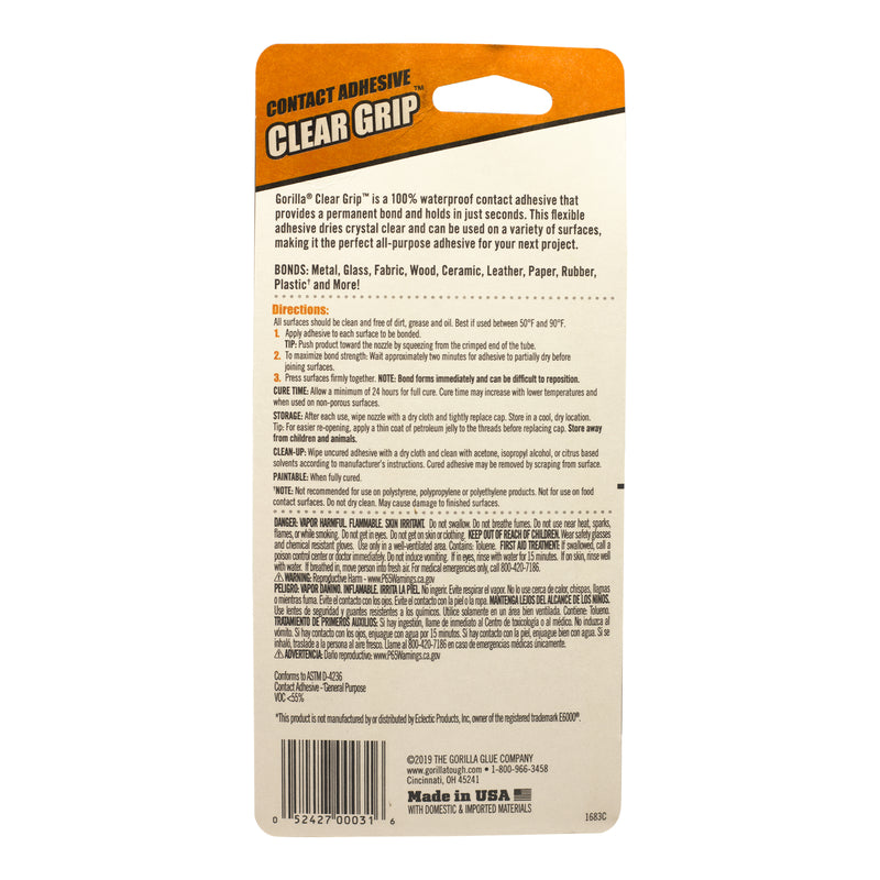 Gorilla Clear Grip High Strength Clear Contact Adhesive 3 oz