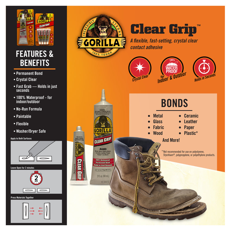 Gorilla Clear Grip High Strength Clear Contact Adhesive 3 oz