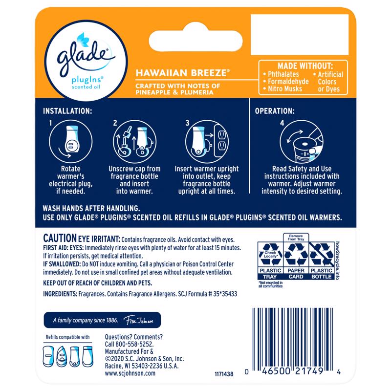 Glade Plug-Ins Hawaiian Breeze Scent Air Freshener Oil Refill 1.34 oz Liquid 2 pk