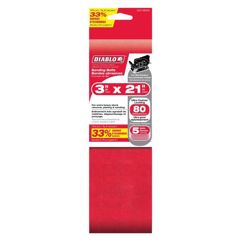 Diablo 21 in. L X 3 in. W Premium Zirconium Blend Sanding Belt 80 Grit Medium 5 pk
